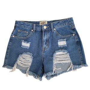 Denim Blvd Distressed Frayed Hem Denim Shorts